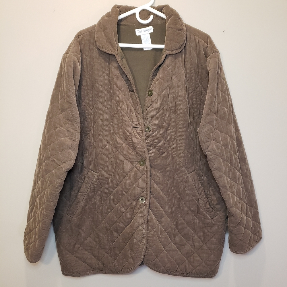 The Paragon Women's Corduroy Long Coat Brown Diamond Quilted Button Lined XL